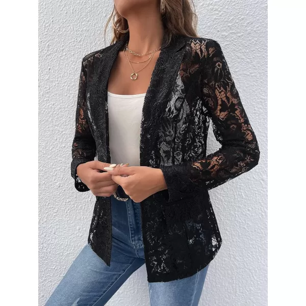 WDIRARA Women's Lace Open Front Long Sleeve Sheer Elegant Casual Blazer Jacket
