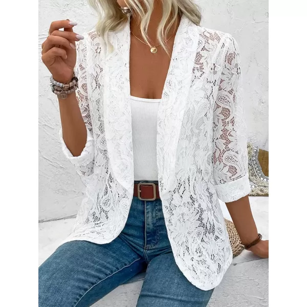 WDIRARA Women's Lace Open Front Long Sleeve Sheer Elegant Casual Blazer Jacket