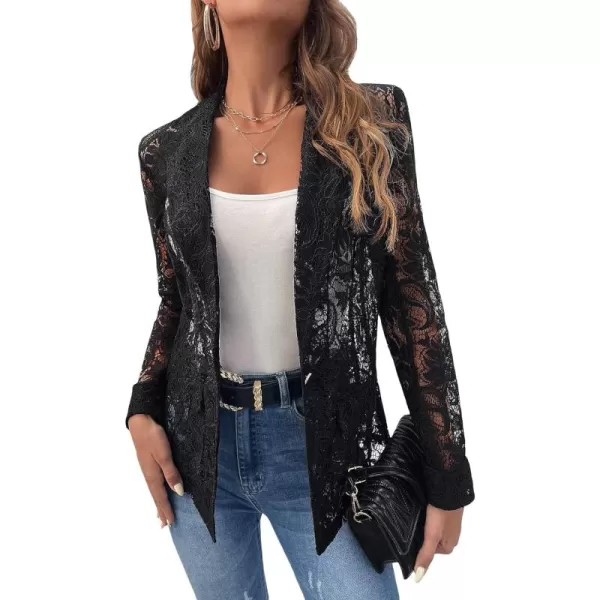 WDIRARA Women's Lace Open Front Long Sleeve Sheer Elegant Casual Blazer Jacket