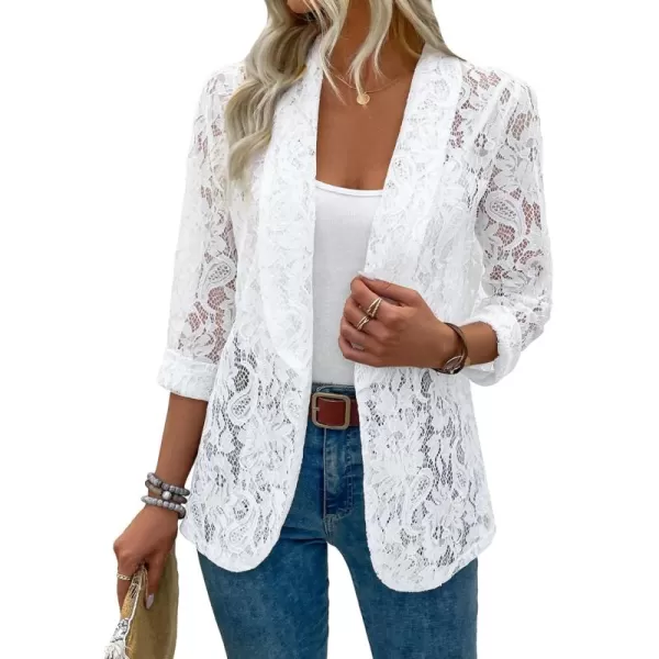 WDIRARA Women's Lace Open Front Long Sleeve Sheer Elegant Casual Blazer Jacket