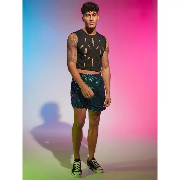 WDIRARA Men's Contrast Sequin Straight Leg Shorts Elastic Waist High Waist Bottoms