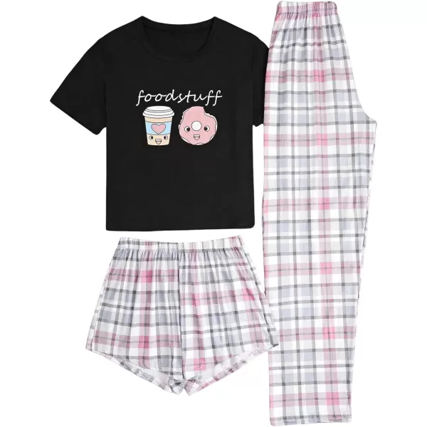 WDIRARA Women's 3 Piece Sleepwear Cow Print Short Sleeve Round Neck Tee Top and Shorts Pajamas Set with Pants