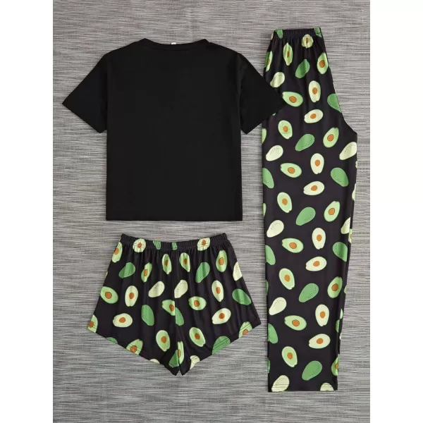 WDIRARA Women's 3 Piece Sleepwear Cow Print Short Sleeve Round Neck Tee Top and Shorts Pajamas Set with Pants