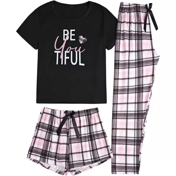 WDIRARA Women's 3 Piece Sleepwear Cow Print Short Sleeve Round Neck Tee Top and Shorts Pajamas Set with Pants