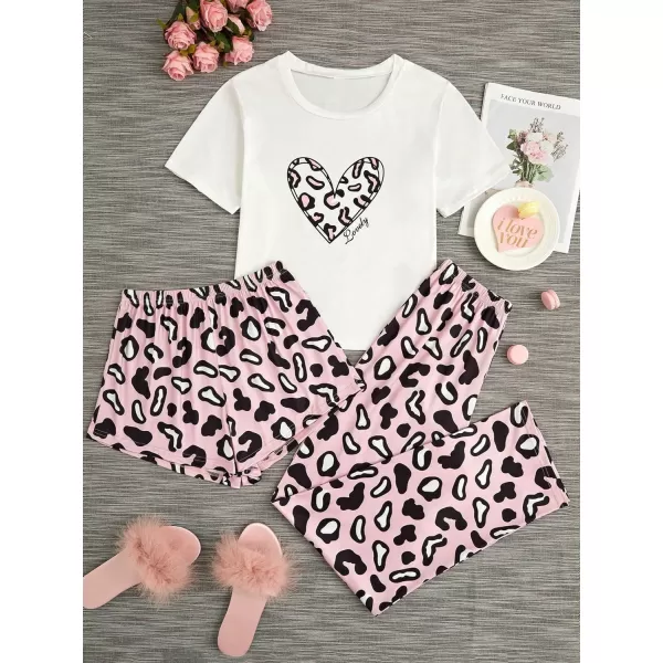 WDIRARA Women's 3 Piece Sleepwear Cow Print Short Sleeve Round Neck Tee Top and Shorts Pajamas Set with Pants