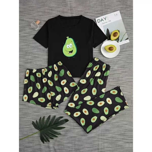 WDIRARA Women's 3 Piece Sleepwear Cow Print Short Sleeve Round Neck Tee Top and Shorts Pajamas Set with Pants