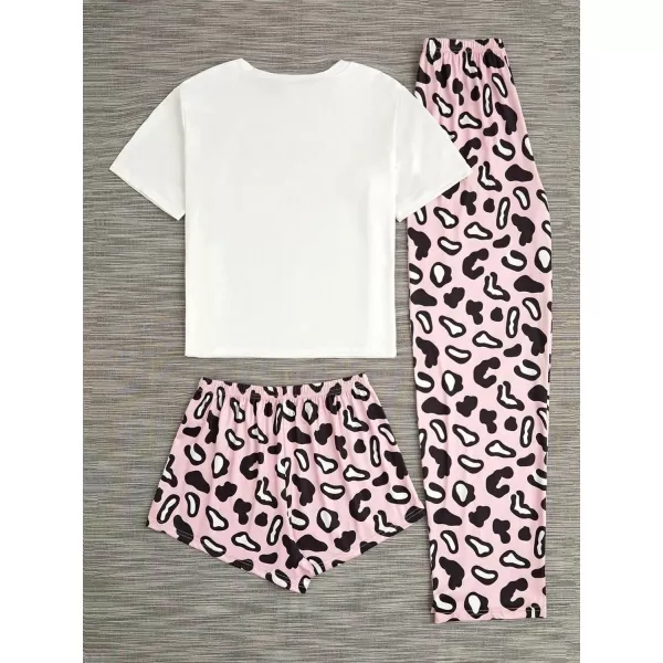 WDIRARA Women's 3 Piece Sleepwear Cow Print Short Sleeve Round Neck Tee Top and Shorts Pajamas Set with Pants