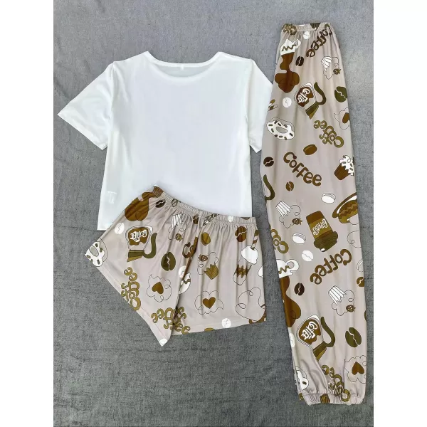WDIRARA Women's 3 Piece Sleepwear Cow Print Short Sleeve Round Neck Tee Top and Shorts Pajamas Set with Pants