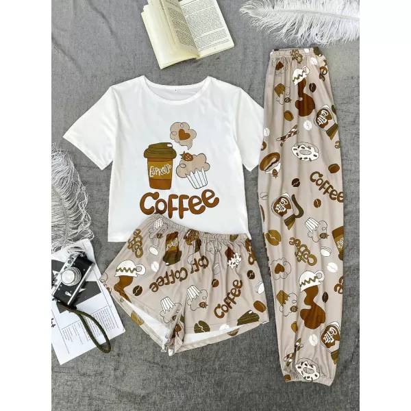 WDIRARA Women's 3 Piece Sleepwear Cow Print Short Sleeve Round Neck Tee Top and Shorts Pajamas Set with Pants