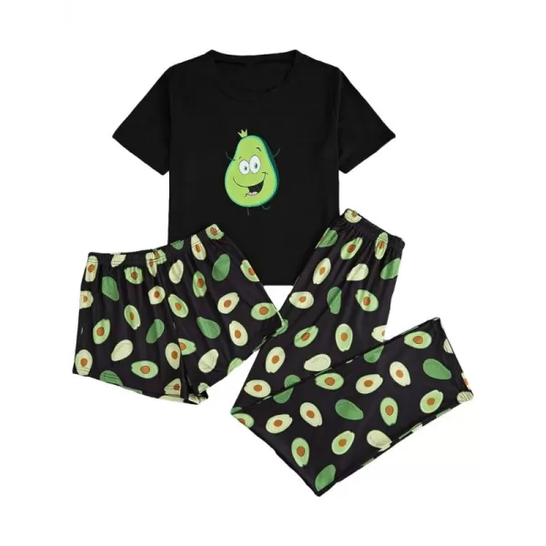 WDIRARA Women's 3 Piece Sleepwear Cow Print Short Sleeve Round Neck Tee Top and Shorts Pajamas Set with Pants