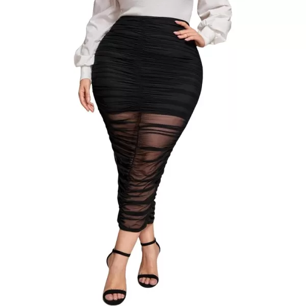 WDIRARA Women's Plus Size Elastic Waist Ruched Sheer Mesh Bodycon Pencil Skirt